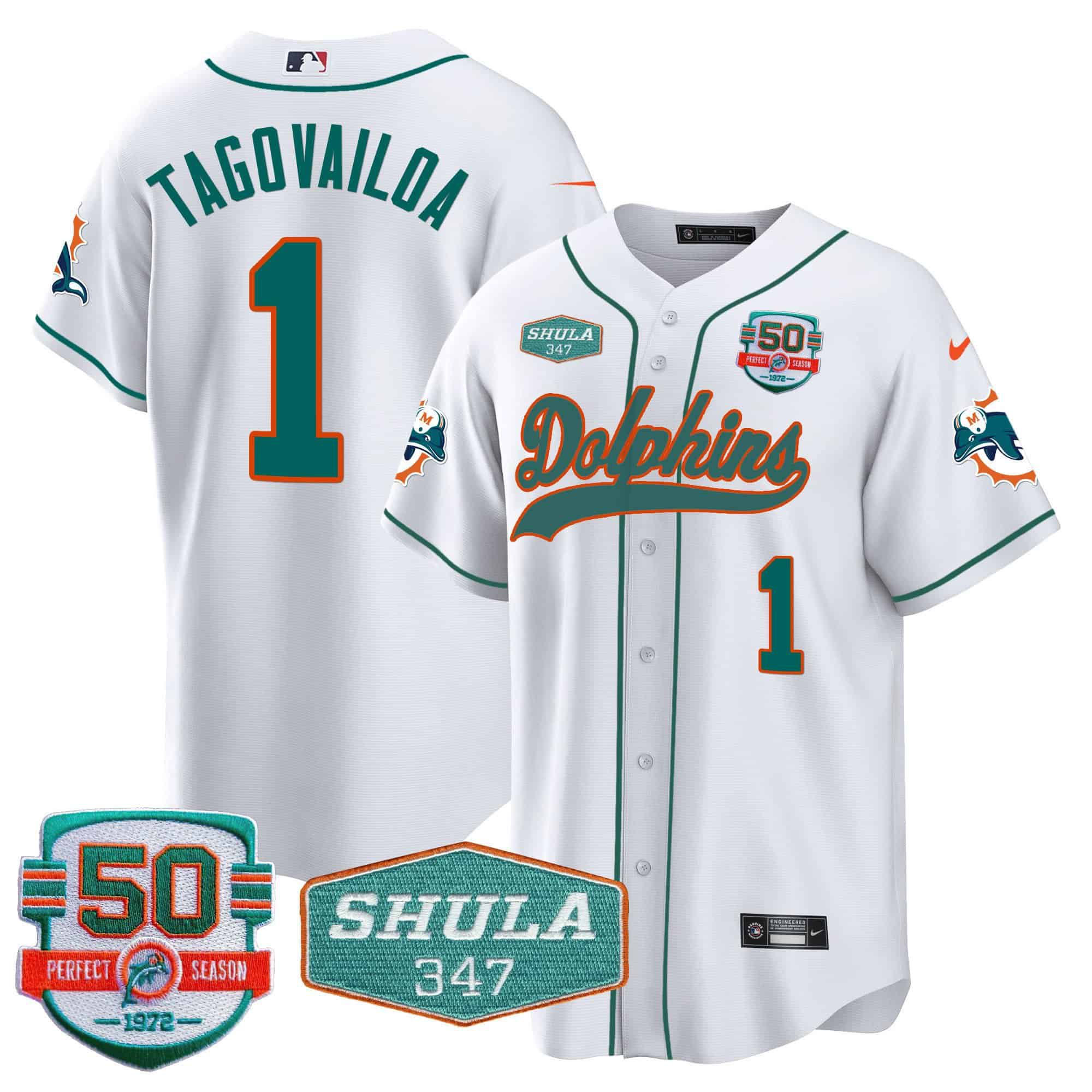 Men Miami Dolphins #1 Tagovailoa White 2024 Nike 50th Don Shula Memorial Patch Baseball NFL Jersey